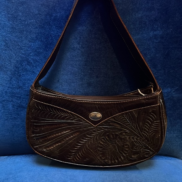 AMERICAN WEST Hand Tooled Brown Leather Shoulder Bag Purse - Picture 4 of 12